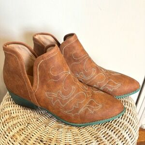 Jolimall Womens Western Embroidered Ankle Boots Brown Teal Boho Cowgirl Size 9
